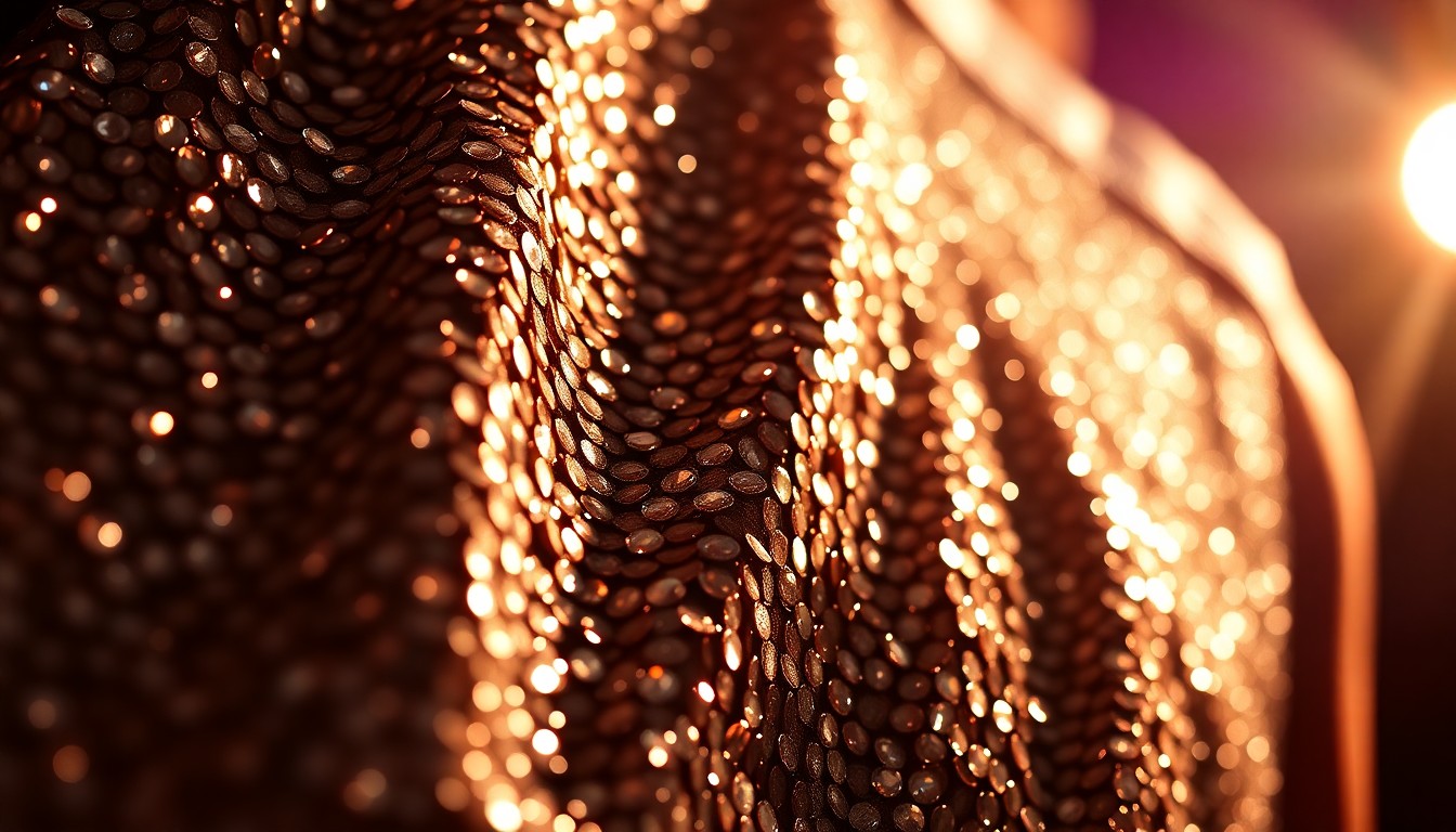 An extreme close-up photograph of sparkling sequins and rhinestones under dramatic studio lighting, conceptually representing the high-fashion aesthetic of a country music celebrity