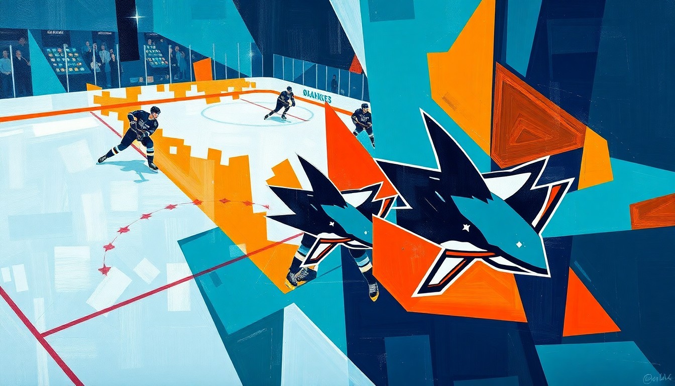 A cubist, geometric painting depicting a fragmented hockey game, with sharp planes of teal, orange, and navy blue representing the San Jose Sharks