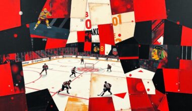A cubist, geometric painting featuring overlapping planes of red, black, and white, conceptually representing the diverse contributions of three Blackhawks legends being inducted into the team