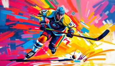 An abstract, expressionist painting in vibrant neon colors, depicting a hockey player in mid-motion, with rapid brushstrokes capturing the raw energy and speed of the sport.