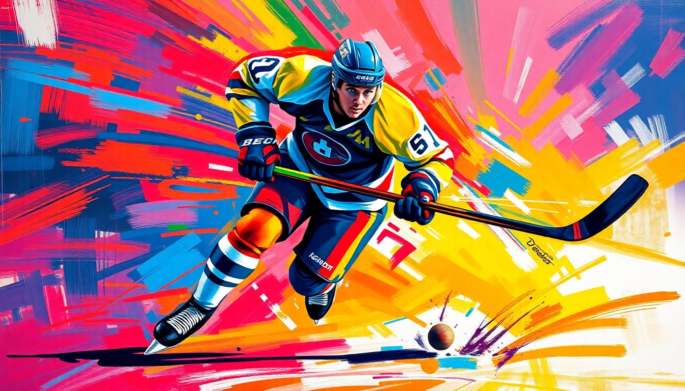 An abstract, expressionist painting in vibrant neon colors, depicting a hockey player in mid-motion, with rapid brushstrokes capturing the raw energy and speed of the sport.