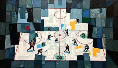 A cubist, geometric painting depicting a fragmented hockey game, with players and the puck dispersed across the canvas in sharp, overlapping planes of deep blues, grays, and muted greens, conceptually representing the Blackhawks