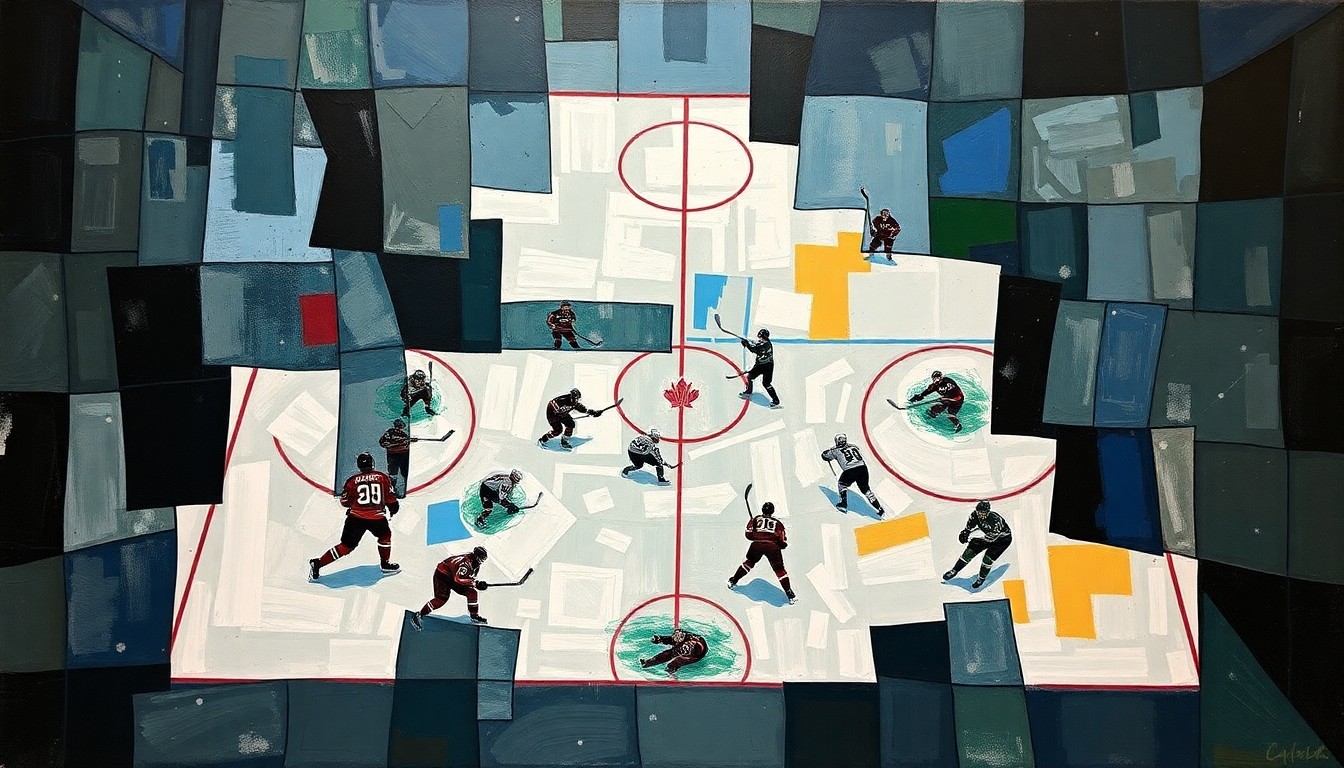 A cubist, geometric painting depicting a fragmented hockey game, with players and the puck dispersed across the canvas in sharp, overlapping planes of deep blues, grays, and muted greens, conceptually representing the Blackhawks