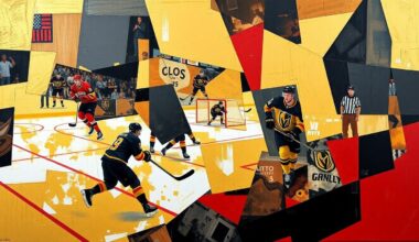 A fractured, multi-perspective painting in bold colors depicting a hockey game, with sharp geometric planes and shapes representing the high-intensity, strategic nature of Tortorella