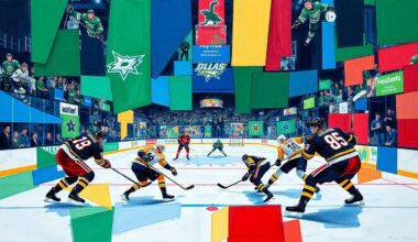 A fractured, multi-perspective painting depicting a hockey game between the Dallas Stars and Boston Bruins, with sharp geometric shapes in vibrant blues, greens, and reds capturing the intensity of the action on the ice.