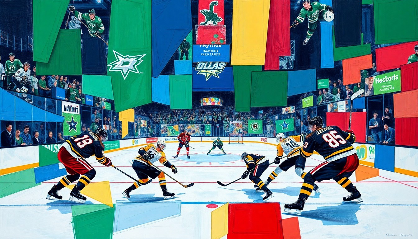 A fractured, multi-perspective painting depicting a hockey game between the Dallas Stars and Boston Bruins, with sharp geometric shapes in vibrant blues, greens, and reds capturing the intensity of the action on the ice.