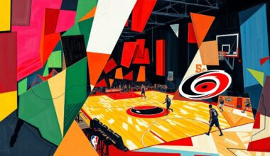 A cubist, fragmented painting depicting a basketball game or match, with sharp, overlapping geometric shapes in the team colors of the Portland Trail Blazers and Carolina Hurricanes, conveying the energy and dynamism of the sport.