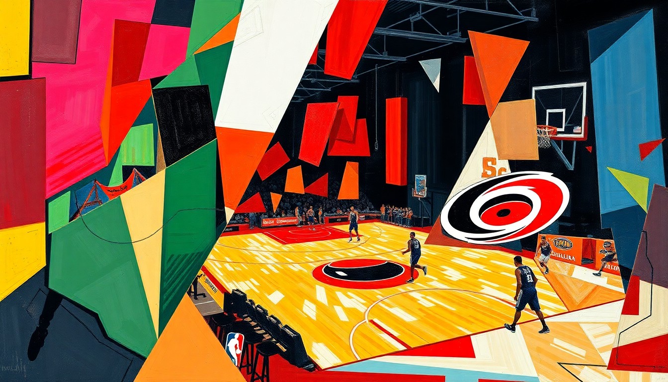 A cubist, fragmented painting depicting a basketball game or match, with sharp, overlapping geometric shapes in the team colors of the Portland Trail Blazers and Carolina Hurricanes, conveying the energy and dynamism of the sport.