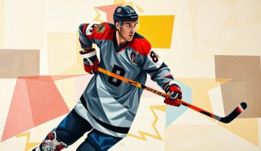 A cubist, geometric painting depicting a hockey player in motion, with their jersey number 8 prominently featured among the overlapping planes of color and shape.
