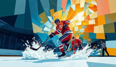 A cubist-style painting depicting a hockey player scoring a goal, with the action broken down into sharp, overlapping geometric shapes and planes in vibrant colors.