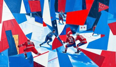 A cubist, geometric painting depicting the action and intensity of a high-stakes hockey game, with sharp planes of blue, red, and white overlapping to create a dynamic, abstract visual representation of the matchup.