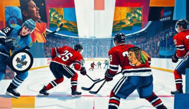 A cubist, geometric painting depicting a hockey game between the Winnipeg Jets and Chicago Blackhawks, with the players and action broken down into overlapping planes of color and sharp angles.