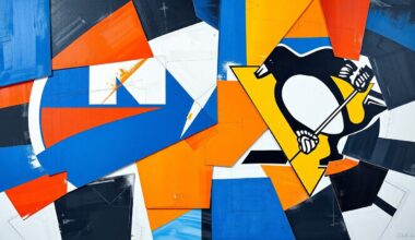 A fractured, cubist-style painting depicting a hockey game, with sharp geometric shapes in the Islanders