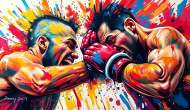 An abstract, expressionist painting in vibrant neon colors depicting the explosive energy and physical collision of a hockey fight, with faces and details dissolving into unrecognizable brushstrokes.