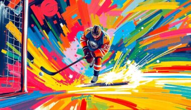 An abstract, energetic painting in bright neon colors with rapid brushstrokes, conceptually representing the excitement and emotion of a hockey player scoring a goal.