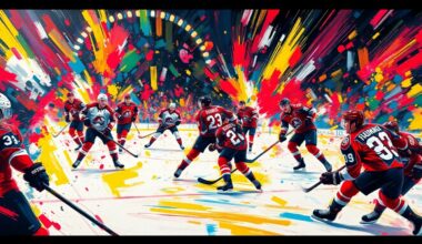 A vibrant, energetic painting in the style of LeRoy Neiman, featuring explosive brushstrokes and neon colors that capture the raw intensity of a hockey game, with players