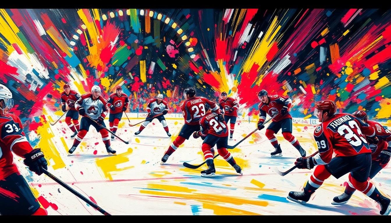 A vibrant, energetic painting in the style of LeRoy Neiman, featuring explosive brushstrokes and neon colors that capture the raw intensity of a hockey game, with players