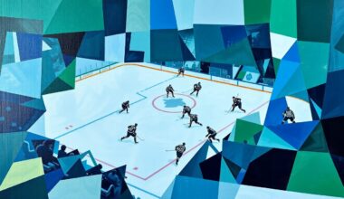 A fractured, geometric painting depicting a hockey game between the Winnipeg Jets and Chicago Blackhawks, with the players and action on the ice broken down into abstract, angular forms in a palette of blues, greens, and grays.