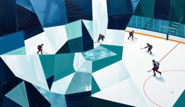 A cubist, geometric painting depicting a hockey game in progress, with the players and action broken down into sharp, overlapping planes of navy blue, forest green, and silver, conveying the dynamic energy and movement of the sport.