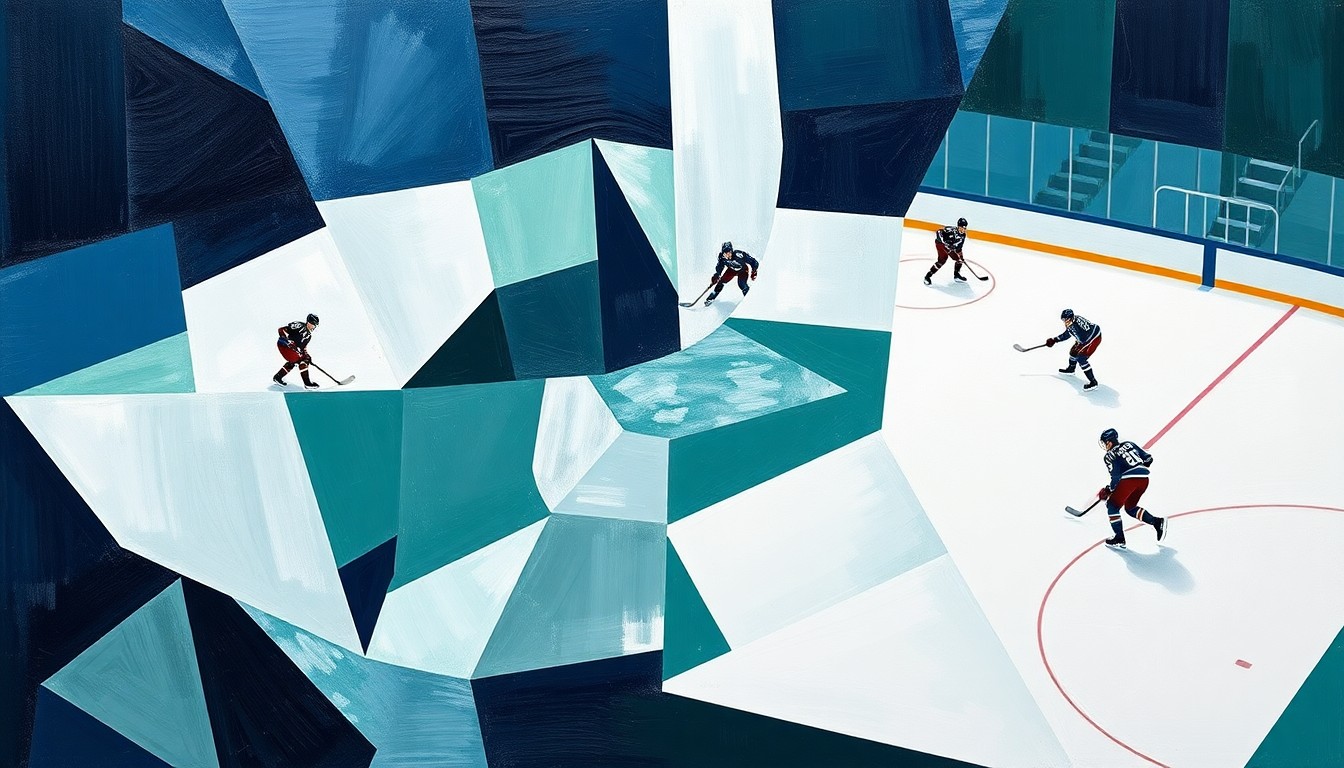 A cubist, geometric painting depicting a hockey game in progress, with the players and action broken down into sharp, overlapping planes of navy blue, forest green, and silver, conveying the dynamic energy and movement of the sport.
