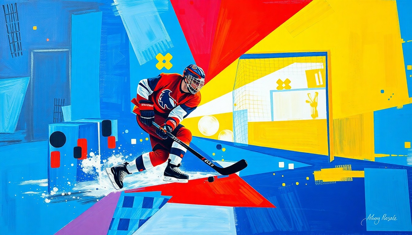 A cubist-style painting depicting a hockey player scoring a goal, with the player