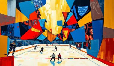 A cubist, geometric painting depicting a hockey game or match, with sharp, overlapping planes of color representing the fast-paced action and strategic movements of the players on the ice.