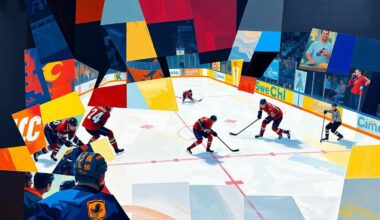 A cubist, geometric painting depicting a hockey game with overlapping planes of color representing the players and action, conveying the Avalanche