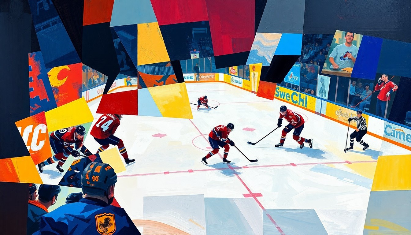 A cubist, geometric painting depicting a hockey game with overlapping planes of color representing the players and action, conveying the Avalanche