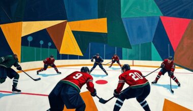 A fragmented, geometric painting depicting the action of a hockey game, with the players