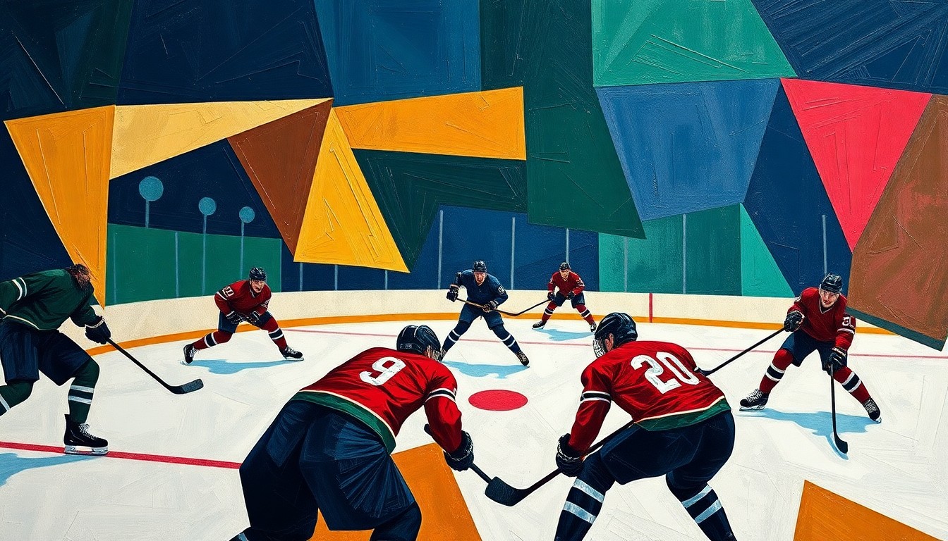 A fragmented, geometric painting depicting the action of a hockey game, with the players