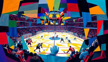 A fractured, geometric painting depicting the dynamic movements and energy of a hockey game, with the players and arena rendered in an abstract, cubist style using bold, contrasting colors.