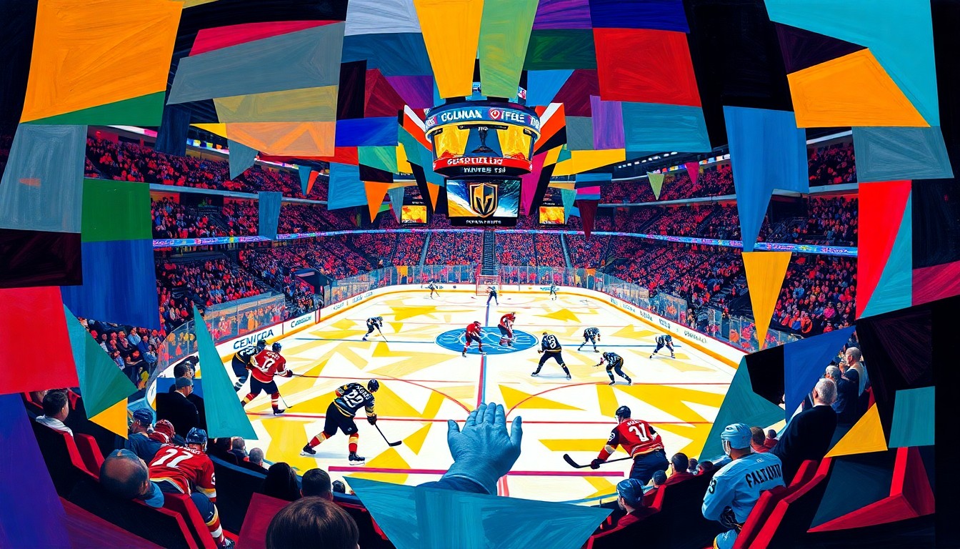A fractured, geometric painting depicting the dynamic movements and energy of a hockey game, with the players and arena rendered in an abstract, cubist style using bold, contrasting colors.