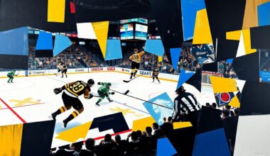 A fragmented, multi-angled painting depicting the action and energy of a hockey game between the Boston Bruins and Dallas Stars, with sharp geometric shapes and planes in a bold color palette.