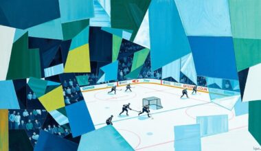 A cubist, geometric painting depicting a hockey game, with the players and rink broken down into overlapping planes of blue, green, and white, conveying the intensity and uncertainty of the Wild