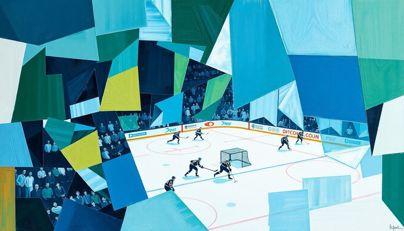 A cubist, geometric painting depicting a hockey game, with the players and rink broken down into overlapping planes of blue, green, and white, conveying the intensity and uncertainty of the Wild