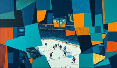 A cubist, geometric painting depicting a fragmented hockey arena scene with overlapping planes of teal, orange, and dark blue, conveying the complexity of the Panthers