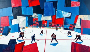 A fragmented, geometric painting in blues, reds, and silvers, depicting the motion and energy of a hockey game through overlapping, angular shapes and planes.
