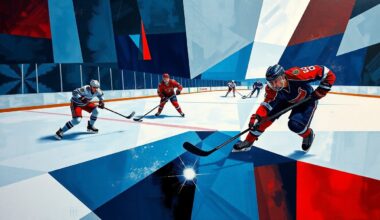 A cubist, geometric painting depicting a hockey game, with fragmented, angular shapes representing the players and puck in a palette of blues, reds, and silvers, conveying the dynamic movement and intensity of the sport.