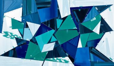 A cubist, geometric painting depicting a hockey game or match, with sharp, overlapping planes of navy blue, forest green, and silver representing the dynamic action on the ice.