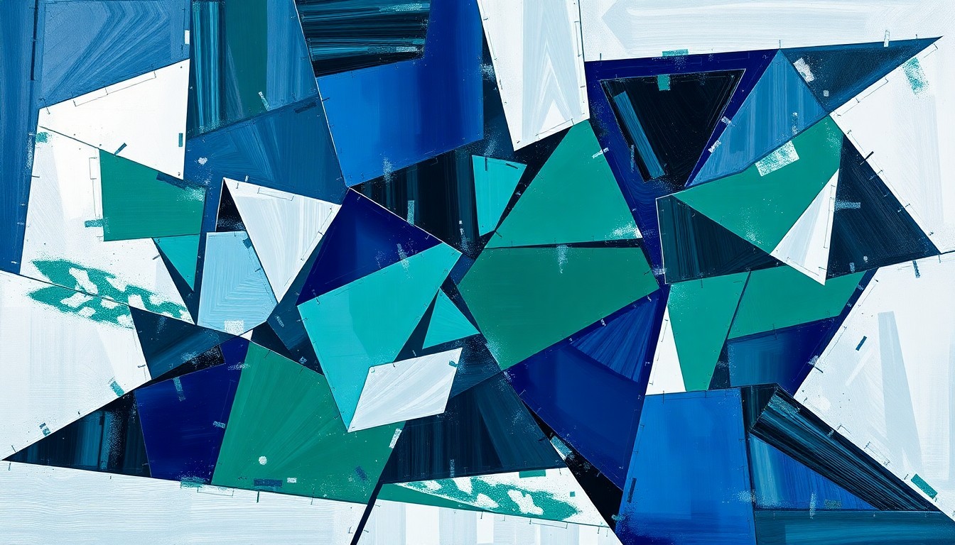 A cubist, geometric painting depicting a hockey game or match, with sharp, overlapping planes of navy blue, forest green, and silver representing the dynamic action on the ice.