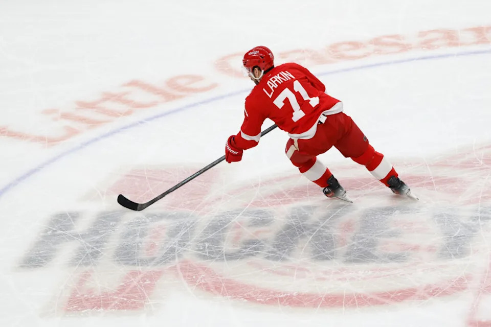 Mar 4, 2026; Detroit, Michigan, USA; Detroit Red Wings center Dylan Larkin (71) skates with the puck in the first period against the Vegas Golden Knights at Little Caesars Arena. Mandatory Credit: Rick Osentoski-Imagn Images