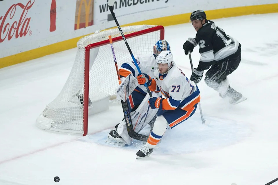 New York Islanders defensiveman Tony DeAngelo (77) moves to defensive position during an NHL game between the New York Islanders and the Los Angeles Kings on Thursday, March 5, 2026 at Crypto.com Arena in Los Angeles Calif