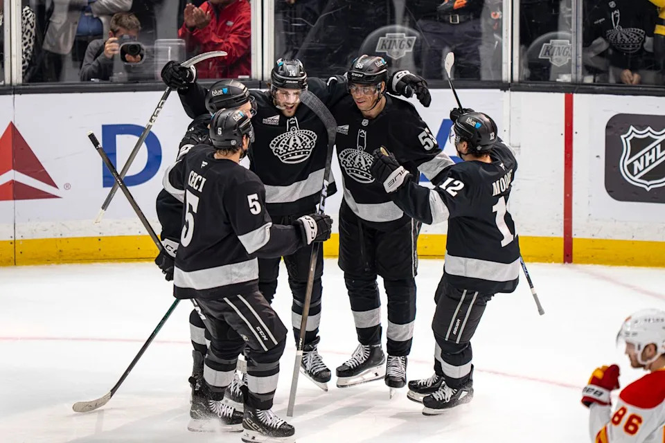 Los Angeles Kings celebrating Alex Laferriere's goal during an NHL hockey game against the Calgary Flames on February 26th, 2026 in Los Angeles, CA.