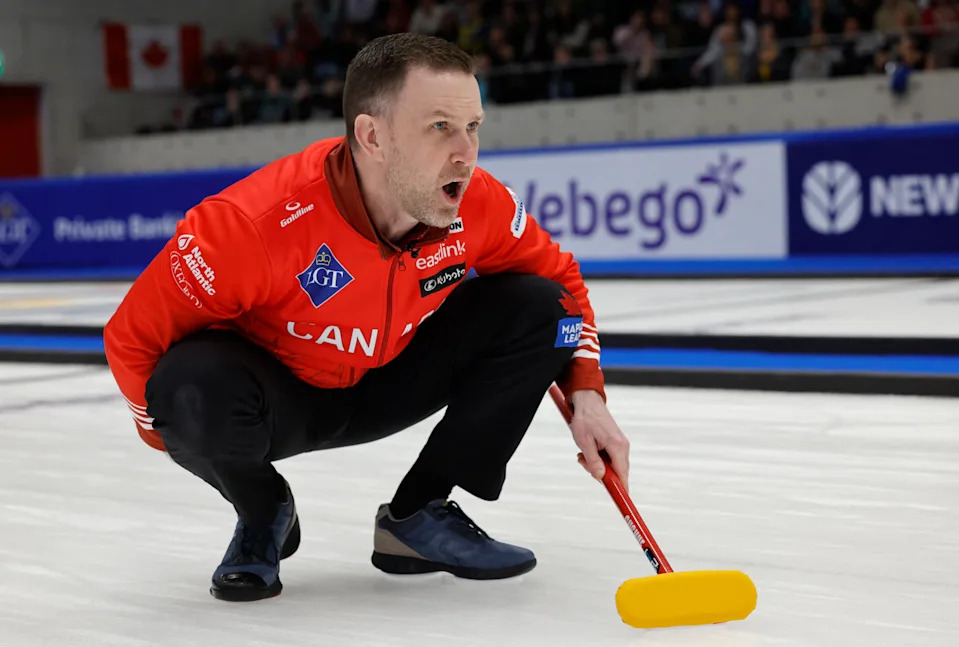 Curling - World Curling Championships - Men's Final - Canada v Sweden - Schaffhausen, Switzerland - April 7, 2024  Canada's Brad Gushue reacts REUTERS/Stefan Wermuth