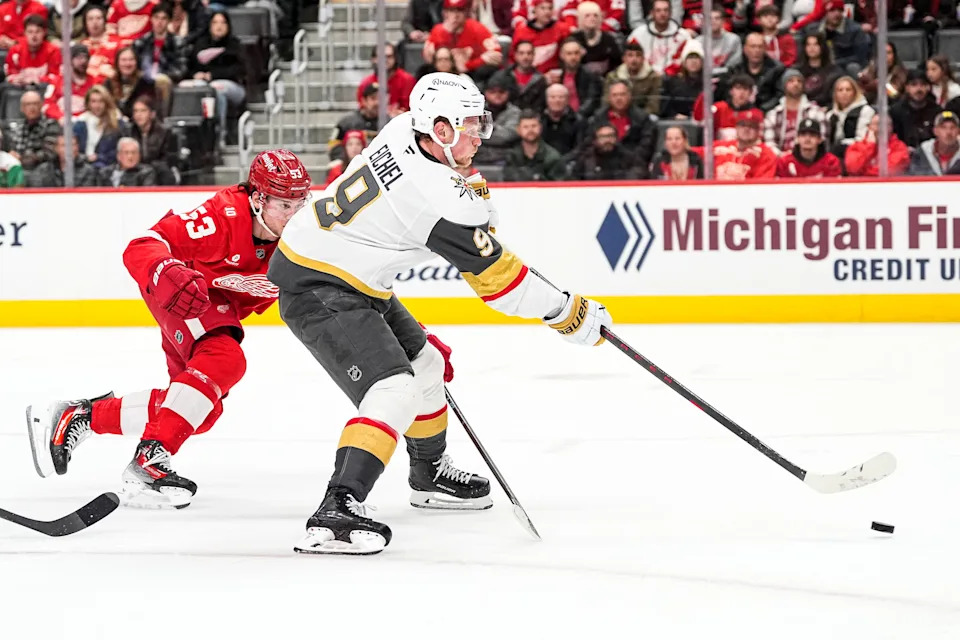 Vegas Golden Knights center Jack Eichel (9) shoots the puck against Detroit Red Wings during the second period at Little Caesars Arena in Detroit on Wednesday, March 4, 2026.