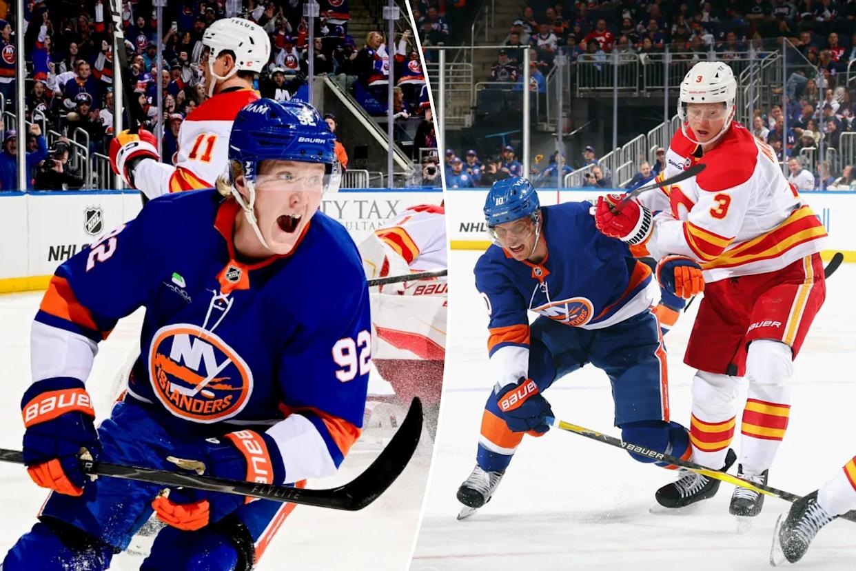An image collage containing 2 images, Image 1 shows New York Islanders player Simon Holmstrom #92 celebrates after scoring his second goal against Calgary Flames player Devin Cooley #1, Image 2 shows Olli Määttä of the Calgary Flames defends against Brayden Schenn of the New York Islanders