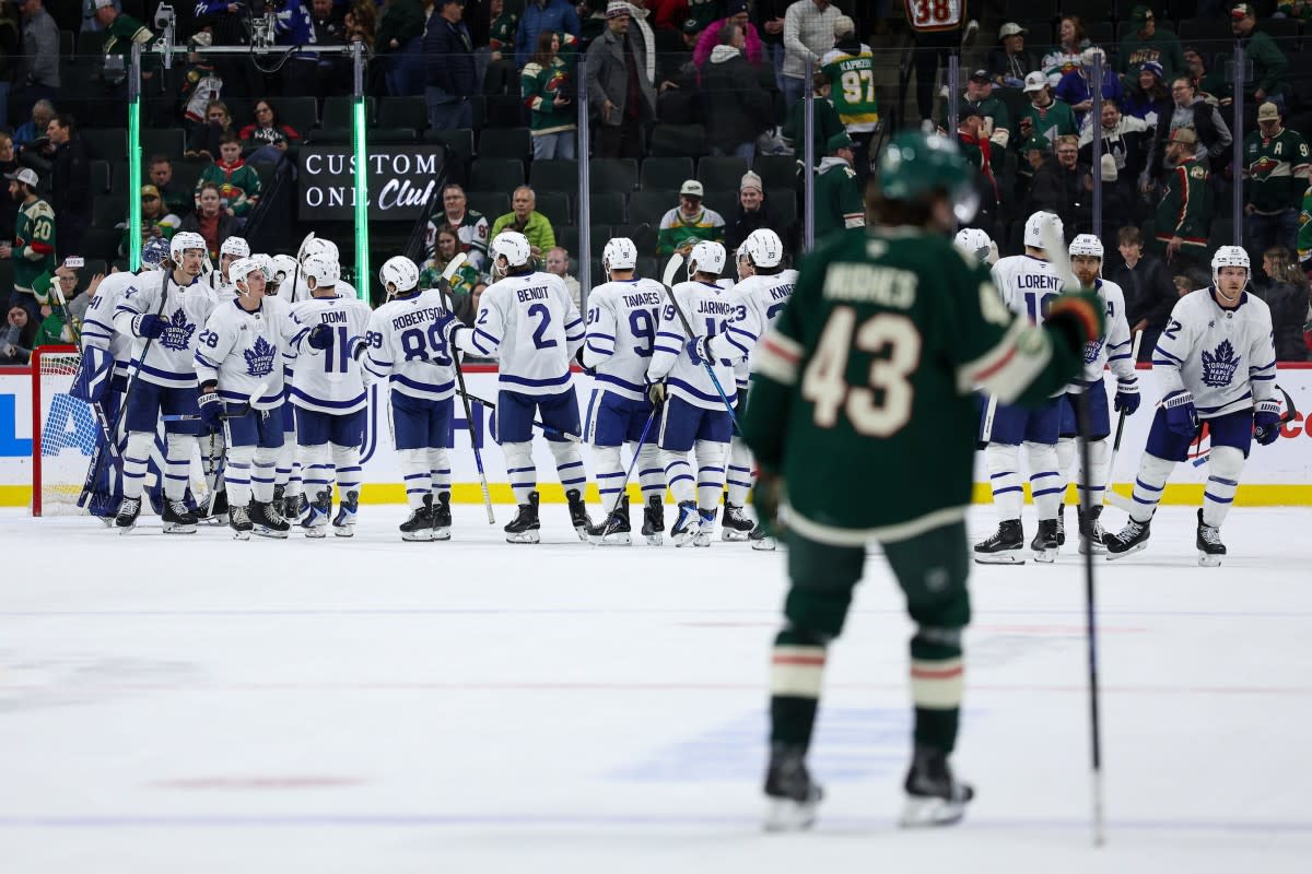 Mar 15, 2026; Saint Paul, Minnesota, USA; Toronto Maple Leafs players celebrate their teams win against the Minnesota Wild after the game at Grand Casino Arena. Mandatory Credit: Matt Krohn-Imagn ImagesMatt Krohn-Imagn Images