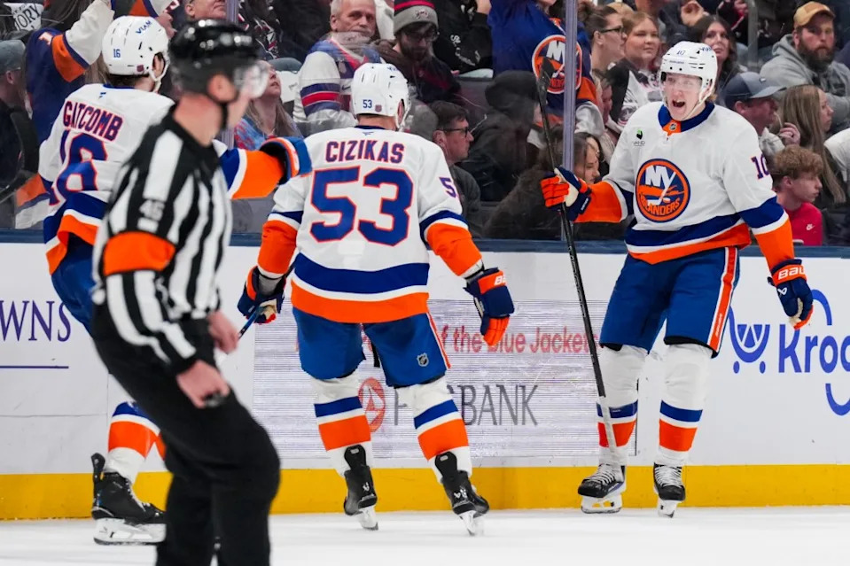 Simon Holmstrom (right) celebrates with teammates after scoring the game-winning overtime goal in the Islanders’ 4-3 win over the Blue Jackets on Feb. 28, 2026 in Columbus, Ohio. Aaron Doster-Imagn Images
