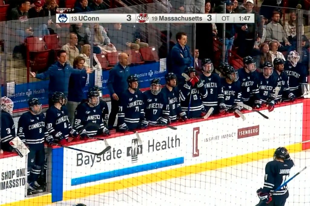 UConn reacts after play was stopped during overtime. Screengrab via X/@BR_OpenIce
