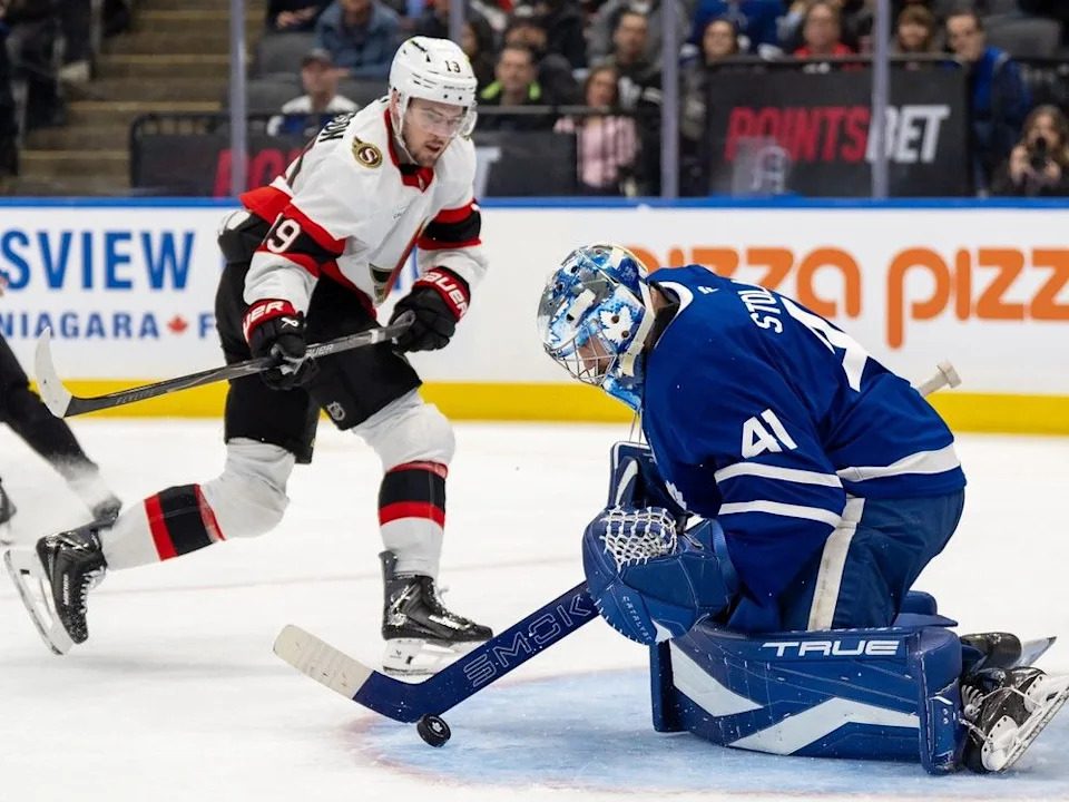  Toronto Maple Leafs goaltender Anthony Stolarz makes a save on Ottawa Senators right- winger Drake Batherson on a breakaway during the third period in Toronto on Saturday, Feb. 28, 2026.